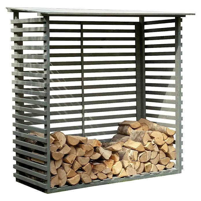 Joda Kaminholzregal Taunus - 195 x 100 x 201 cm, Holz, Grau - Holzlager mit grauem Holzrahmen und Holzscheiten, perfekt zum trockenen Lagern von Brennholz.