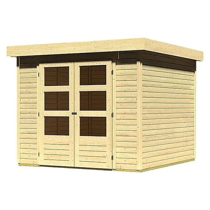 Karibu Gartenhaus Askola - Außenmaß inkl. Dachüberstand (B x T): 266 x 262 cm, Holz, Natur - Abbildung eines Holzgartenhauses mit Doppeltür und Fenstern, ideal für die Aufbewahrung von Gartengeräten.