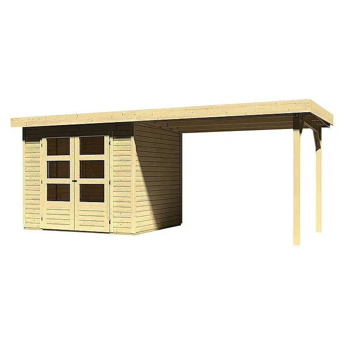 Karibu Gartenhaus Askola - Außenmaß inkl. Dachüberstand (B x T): 528,5 x 238 cm, Holz, Natur, Mit Anbaudach - Abbildung eines Holzgartenschuppens mit einem überdachten Anbau, ideal für die Aufbewahrung und als Unterstand im Freien.