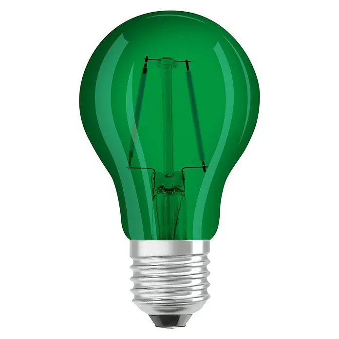 Osram Star LED-Lampe Glühlampenform E27 matt - E27, Nicht Dimmbar, Grün, 45 lm, 2,5 W, Farbe: Grün - Grüne LED-Glühbirne mit silbernem Sockel. Die Glühbirne hat ein modernes Design mit sichtbaren Glühfäden.