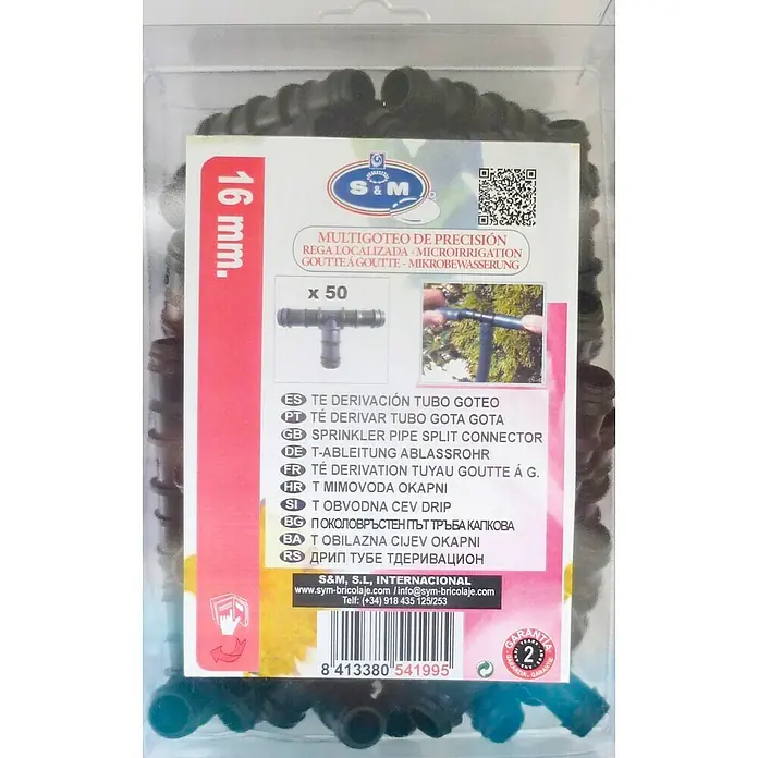 Pieza T goteo - 16 mm, 50 ud. - Imagen de un paquete de 50 conectores en T de 16 mm para tubos de aspersión para microirrigación de precisión.