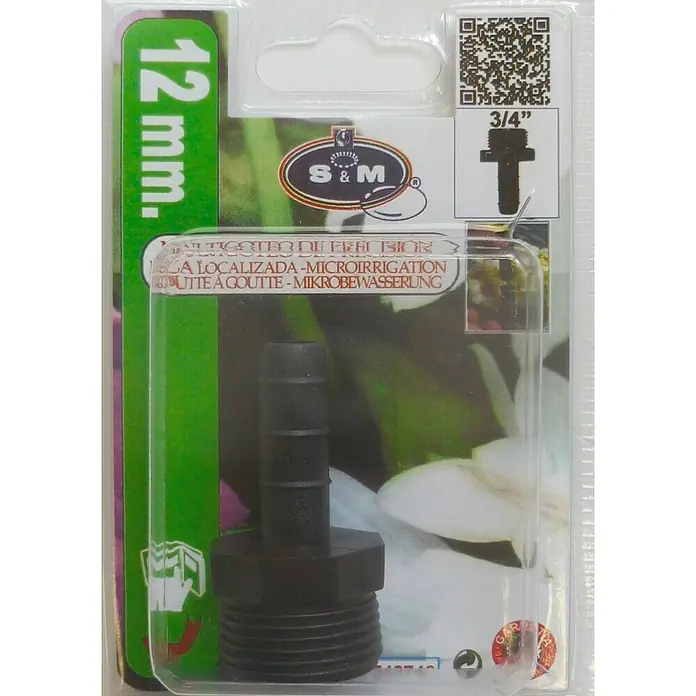 Conector para manguera goteo Macho - ¾″, 12 mm, Plástico - Primer plano de una unidad de embalaje de un conector de riego de microirrigación S&M de 12 mm en negro, incluyendo un adaptador de 3/4".