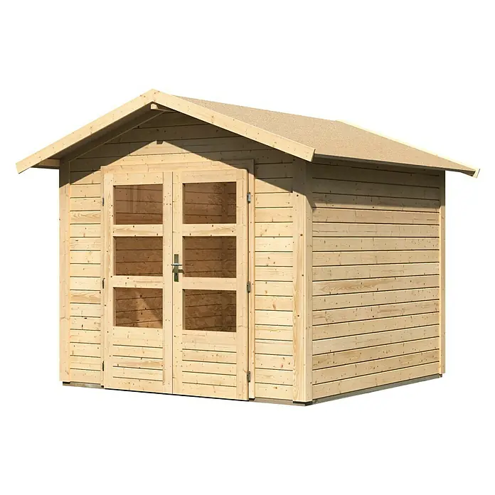 Karibu Gartenhaus Talkau 4 - Außenmaß inkl. Dachüberstand (B x T): 270 x 274 cm, Holz, Natur - Ein geräumiges Gartenhaus aus Holz mit Doppeltüren und Fenstern, ideal für die Aufbewahrung von Gartengeräten oder als Hobbyraum.