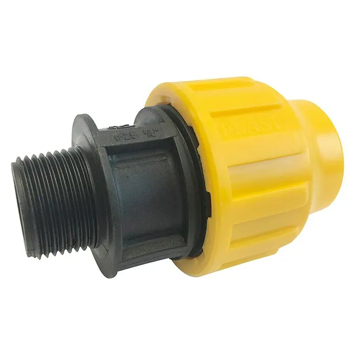 Enlace roscado PE macho - 25 mm, Polietileno - Conector de tubo de plástico amarillo y negro, ideal para sistemas de riego y otras aplicaciones. El conector asegura una conexión segura y sin fugas.