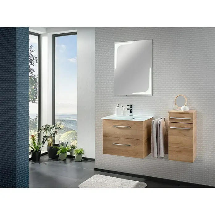 Camargue Stella Waschtischunterschrank59,2 x 40,8 x 49 cm, Ohne Beleuchtung, Berg Eiche - Moderne Badezimmereinrichtung mit Waschtischunterschrank und Spiegelschrank für ein stilvolles Ambiente. Die Holzelemente sorgen für Wärme und Eleganz im Raum.