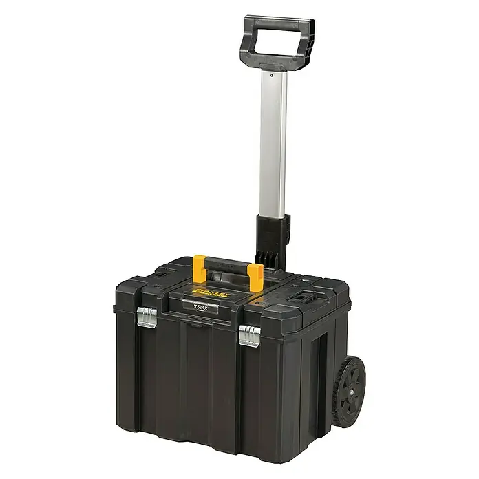 Stanley FatMax Caja profesional con ruedas FMST1-80103 - L x An x Al: 51,2 x 43,5 x 70,8 cm, 14 l, Polipropileno - Imagen de una caja de herramientas rodante negra Stanley Fatmax TSTAK con asa extensible y ruedas.