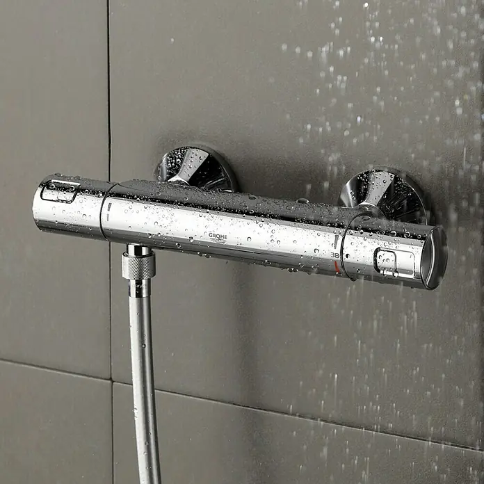 Grohe Grifo con termostato Precision Start - Ancho: 8 cm, Cromo, Resplandeciente - Mezclador termostático de ducha Grohe con acabado cromado brillante y clara visualización de la temperatura en baño moderno.