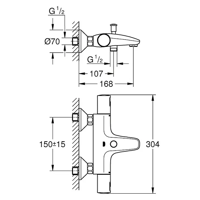 Grohe QuickFix Grifo termostático de bañera Precision Start - Cromo - Dibujo técnico de un grifo Grohe para bañera/ducha, mostrando dimensiones y conexiones.