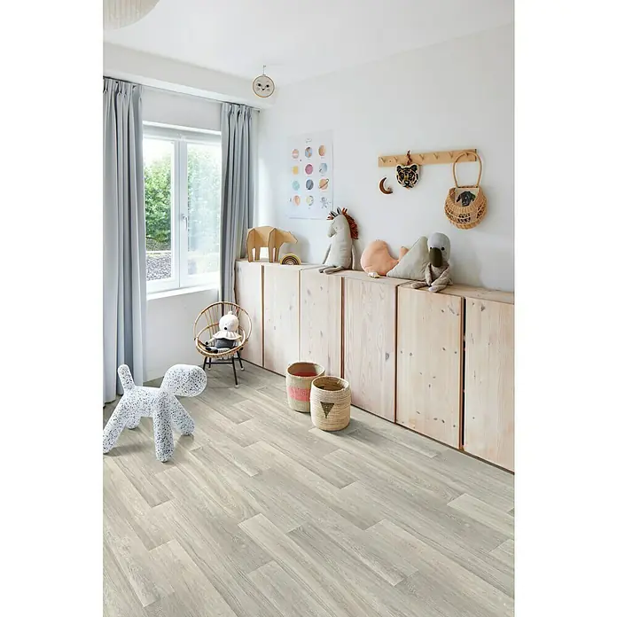 Beauflor PVC-Boden Meterware Artemis - Wood 02, Breite: 400 cm, Hellgrau - Helle Holzbodenbeläge im Kinderzimmer, kombiniert mit einer gemütlichen Einrichtung und Spielsachen.