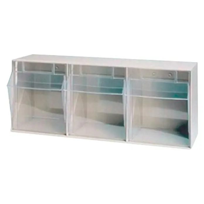 Tayg Organizador de piezas pequeñas - Blanco, Número de cajones: 3 ud., Bandeja extraíble - Soporte de pared blanco con tres contenedores transparentes para almacenar piezas pequeñas, ideal para taller o sala de hobbies.