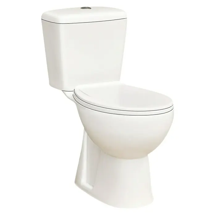 Pack de WC Bahia - Con borde de descarga, Salida WC: Vertical, Blanco - Primer plano de un inodoro moderno blanco con cisterna, que muestra un diseño elegante e higiénico para baños.