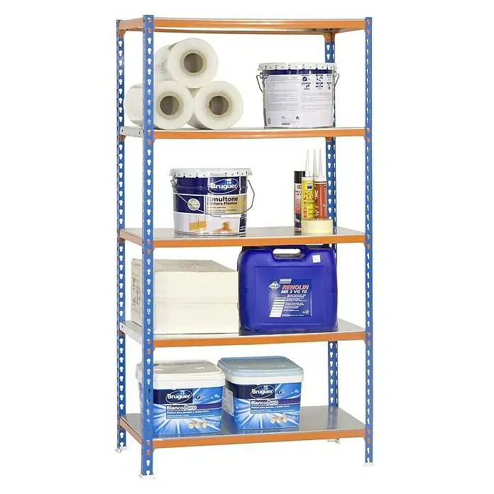 Simonrack Simonclick Metallregal Simonclick Plus - H x B x T: 200 x 100 x 50 cm, Traglast pro Boden: 180 kg, Anzahl Böden: 5 Stk., Stecken, Blau/Orange/Silber - Regal mit verschiedenen Produkten wie Farbe, Klebeband und Papierrollen. Ideal für Werkstatt oder Lagerraum zur praktischen Aufbewahrung.