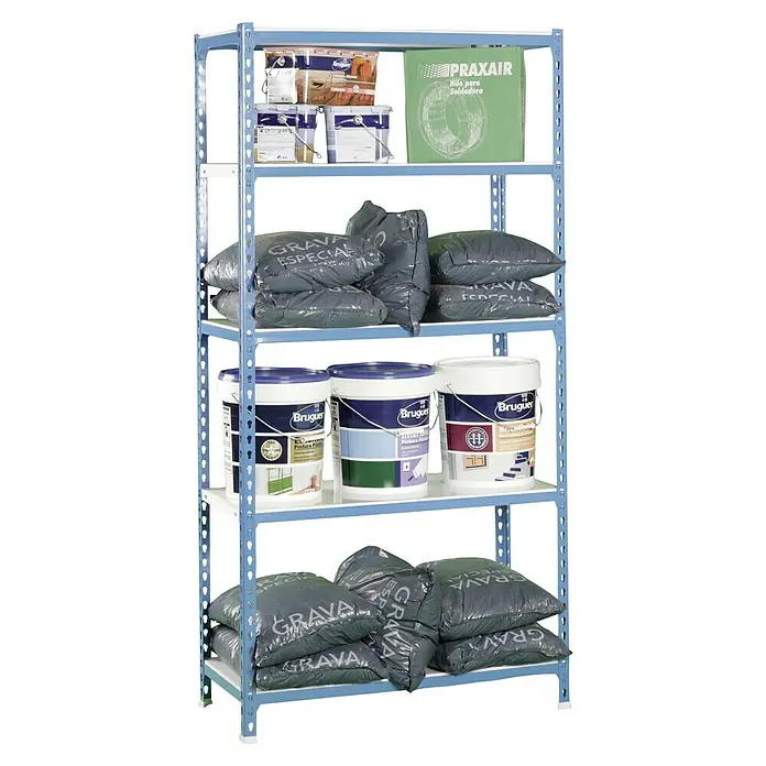 Simonrack Simonclick Metallregal Simonclick Plus - H x B x T: 200 x 100 x 40 cm, Traglast pro Boden: 180 kg, Anzahl Böden: 5 Stk., Stecken, Blau/Weiß - Regal mit Farbeimern, Säcken "GRAVA ESPECIAL" und "PRAXAIR Hilo para Soldadura", ordentlich verstaut.