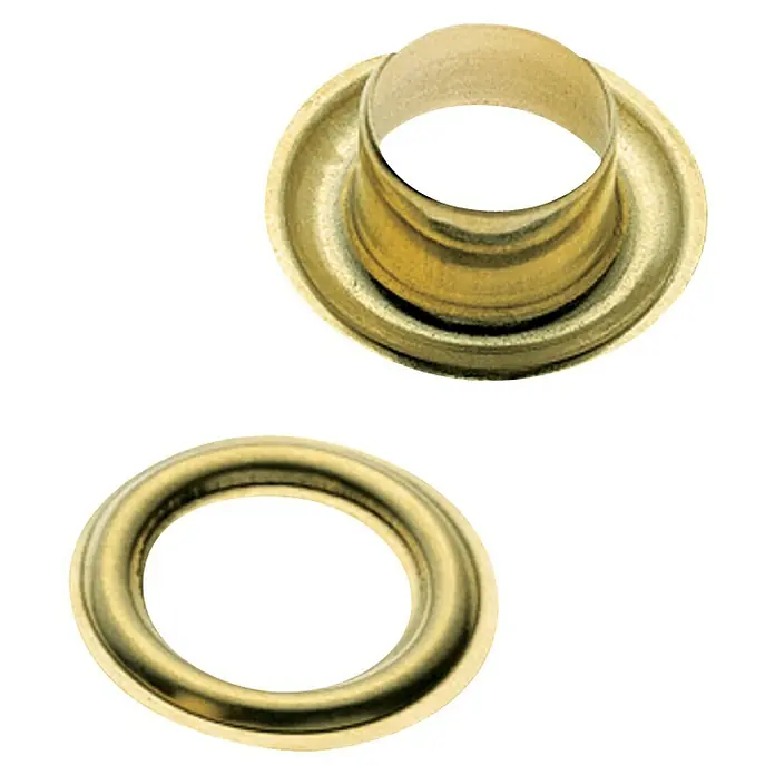 Stabilit ÖseDurchmesser: 12 mm, Vermessingt, 10 Stk. - Nahaufnahme von zwei goldenen Ösen, die als Befestigungselemente für verschiedene Materialien dienen. Perfekt für Bastel- und DIY-Projekte.
