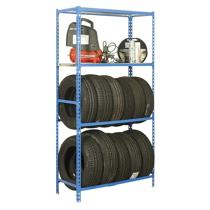 Simonrack Simonauto Reifenregal Simongarage MegaPlus - H x B x T: 200 x 120 x 40 cm, Traglast pro Träger: 180 kg, Anzahl Böden: 2 Stk., Stecken, Blau/Silber - Reifenregal mit Reifen, Druckluftkompressor und Sprays. Praktische Lagerlösung für Werkstatt oder Garage mit blauem Metallgestell.