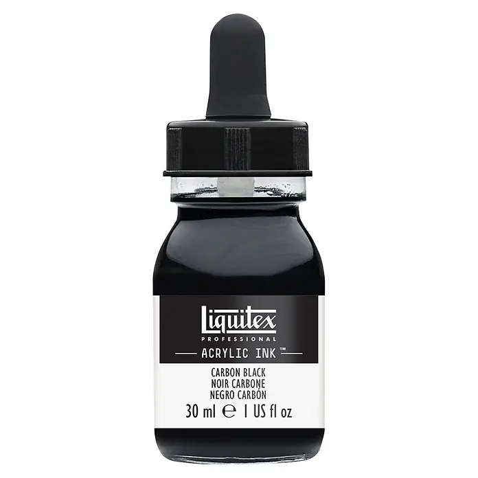 Liquitex Professional Zeichentinte - Karbonschwarz, 30 ml, Flasche mit Tropfpipette - Eine Flasche Liquitex Professional Acrylfarbe in Carbon Black mit Pipette.