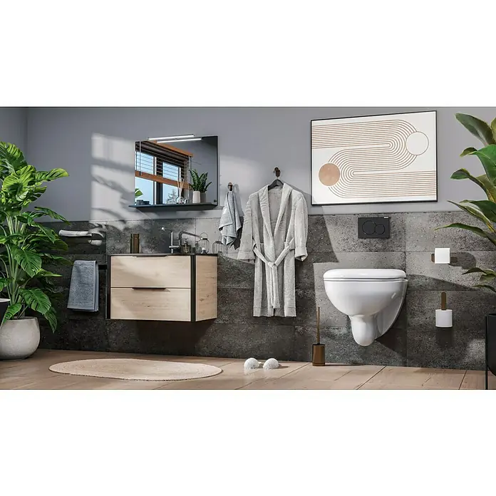 Camargue Antwerpen Ablage - Breite: 25 cm, Kupfer, Matt - Modernes Badezimmer-Interieur mit hängendem WC, Waschtisch mit Schubladen, Spiegel, Handtuch und Bademantel für ein stilvolles Ambiente.