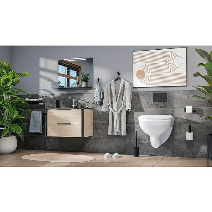 Camargue Antwerpen Ablage - Breite: 25 cm, Schwarz, Matt - Ein stilvolles Badezimmer mit einem modernen Waschtisch, einer Toilette und dekorativen Elementen, die eine entspannende Atmosphäre schaffen.