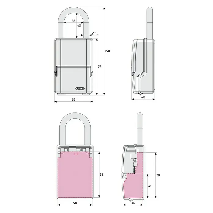 Abus Schlüsselbox Key Garage 737 - Geeignet für: Bis zu 8 Schlüssel, L x B x H: 40 x 65 x 150 mm, Mit Bügel - Produktansicht: Abus Schlüsselsafe mit detaillierten Maßangaben, inklusive Höhe, Breite und Durchmesser für präzise Installation.