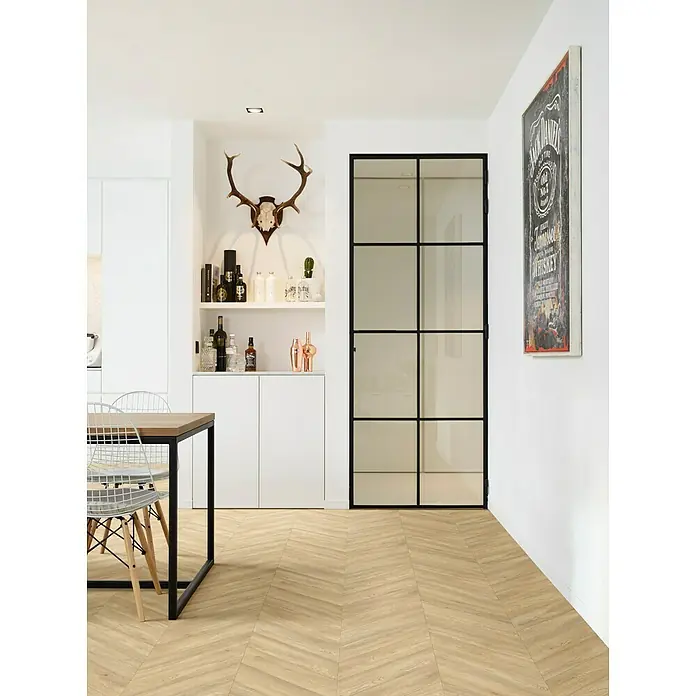 Beauflor PVC-Boden Meterware Calypso - 400 cm, Braun - Dieses Foto zeigt das elegante Vinylparkett im Fischgrätmuster, das dem Raum ein stilvolles Ambiente verleiht. Perfekt für moderne Wohnräume!
