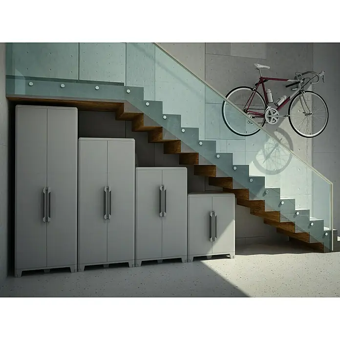 Terry Transforming Armario multiusos de plástico  Modular 4 + Modular 3 - 2 piezas - Armarios de almacenamiento modulares en varios tamaños debajo de una escalera con bicicleta.