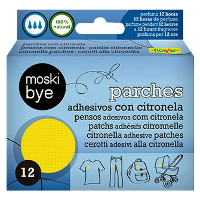 Flower Parches adhesivos citronela - 12 ud. - Parches de citronela Moski Bye, una solución natural y eficaz para mantener alejados a los mosquitos durante 12 horas. Ideal para ropa, bolsos o cochecitos.