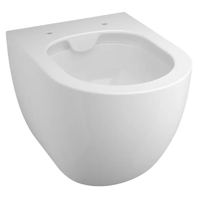Camargue Pico Wand-WC 2.0 - Spülrandlos, Ohne Spezialglasur, Spülform: Tief, WC Abgang: Waagerecht, Weiß - Nahaufnahme einer wandhängenden, weißen Keramiktoilette mit glatter Oberfläche.
