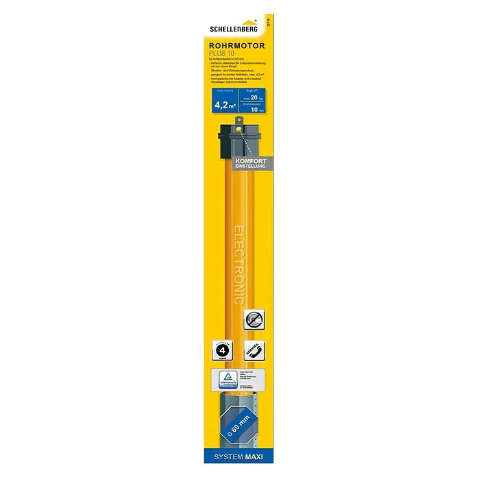 Schellenberg Motor tubular Maxi Plus - Superficie de persiana enrollable máx.: 4,2 m² para persianas de plástico, Longitud de instalación: 555 mm, Fuerza de tracción: 20 kg - Imagen de un Schellenberg Rohrmotor Plus 10, un motor tubular electrónico para persianas enrollables con un área de hasta 4,2 m².