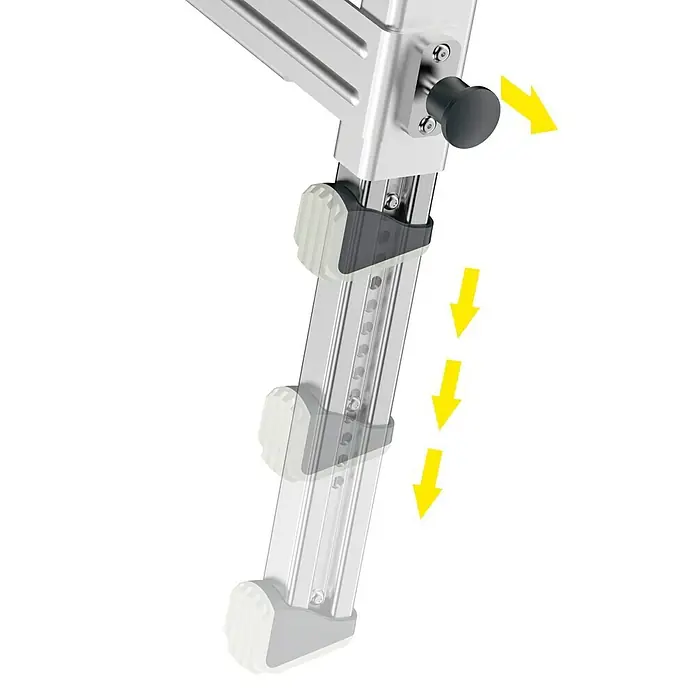 Hailo Treppenpodest TP1 - Belastbarkeit: 150 kg, Aluminium - Nahaufnahme einer verstellbaren Aluminiumleiter, die ihre Vielseitigkeit mit gelben Richtungspfeilen demonstriert.
