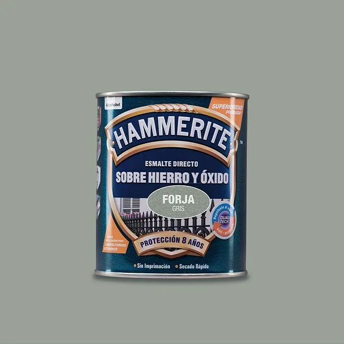 Hammerite Esmalte para metal Hierro y Óxido - Gris, 2,5 l, Efecto forja - Imagen de una lata de pintura esmalte Hammerite Directo sobre Hierro y Óxido en gris, que ofrece 8 años de protección y secado rápido.