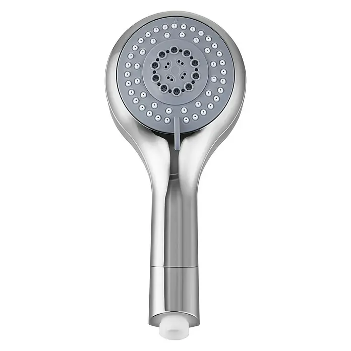 Mixomat Handbrause Cimbarra - Anzahl Funktionen: 3 Stk., Chrom - Nahaufnahme eines verchromten Duschkopfes mit grauer Brausefläche und verschiedenen Strahlarten.