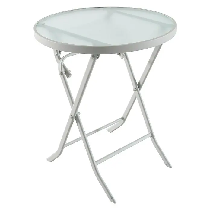 Sunfun Conjunto de muebles de balcón Miren - 3 pzs. - Esta mesa auxiliar tiene una tapa de cristal redonda y una estructura metálica blanca plegable para un uso flexible.