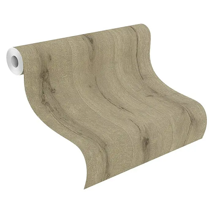 Rasch Vliestapete Holz I - Braun, Holzoptik, 10,05 x 0,53 m - Eine Rolle Tapete mit einem realistischen Holzplankenmuster. Die Tapete ist aufgerollt und zeigt die detaillierte Holzmaserung.