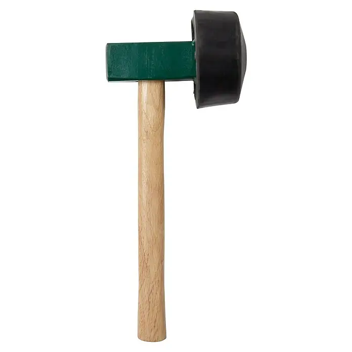 Heka Plattenlegerhammer - Rund - Abgebildet ist ein Schonhammer mit schwarzem Gummikopf, grünem Mittelteil und hellem Holzgriff vor einem weißen Hintergrund.