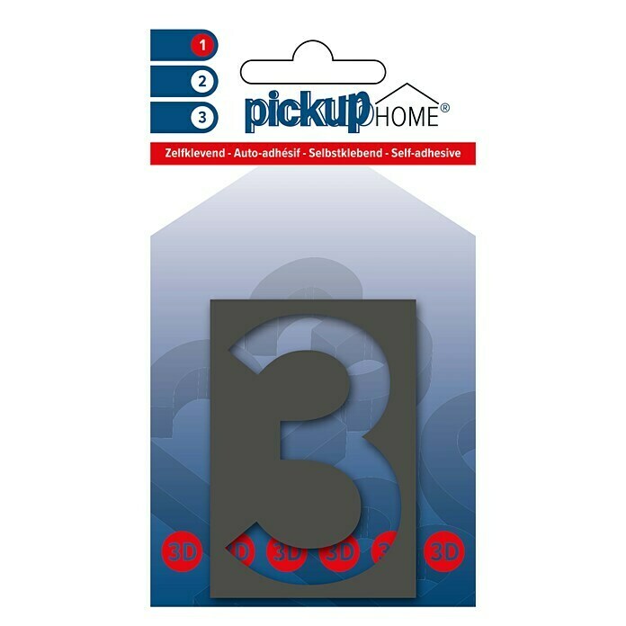Pickup 3D Home Huisnummer (Hoogte: 6 cm, Motief: 3, Grijs, Kunststof, Zelfklevend)