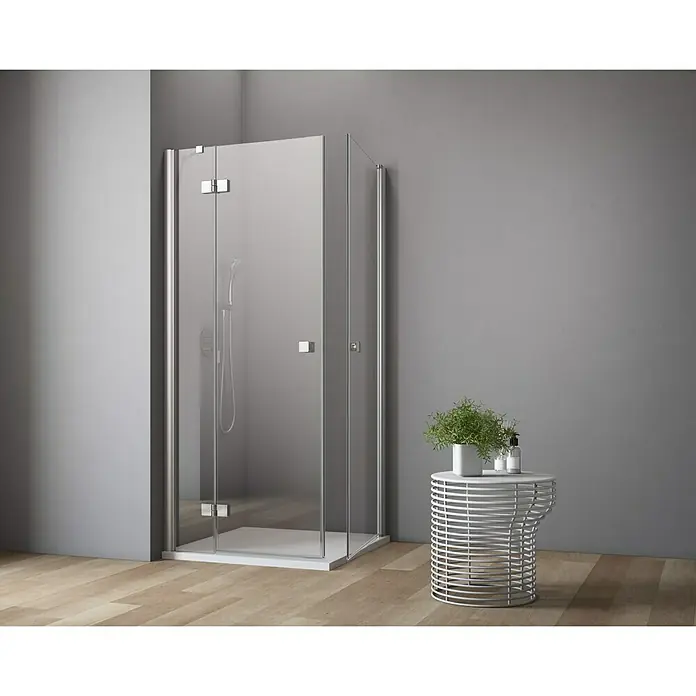 GEO Hit Eckdusche B-E310 - L x B x H: 120 x 90 x 202,2 cm, Unbeschichtet, Silber, Glasstärke: 6 mm - Duschkabine mit klaren Glaswänden und elegantem, silbernem Rahmen. Perfekt für ein modernes Badezimmerdesign.