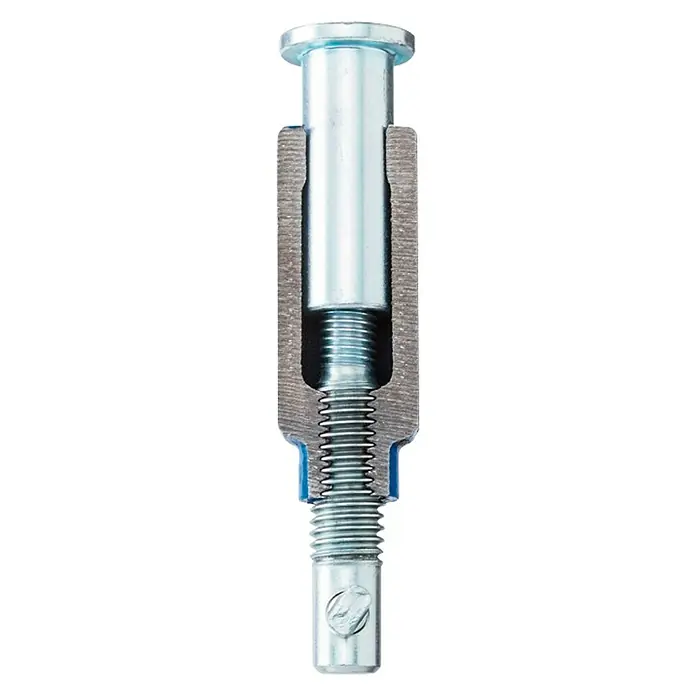 Piher Sargento R-40 - Anchura de sujeción: 400 mm, Fuerza de tensión: 1.000 N, Apertura máxima: 150 mm - Primer plano de un perno/tornillo fijado dentro de un zócalo, el componente metálico está alojado dentro de una carcasa, ilustrando su colocación segura.