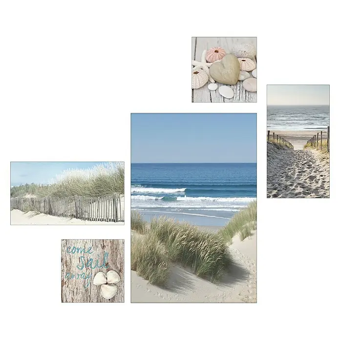 ProArt Young Living Leinwandbild 5-Teiler - Sand Dune, B x H: 140 x 95 cm, 5 -tlg. - Collage mit Strandmotiven, die die maritime Atmosphäre und die beruhigende Wirkung des Meeres hervorheben.