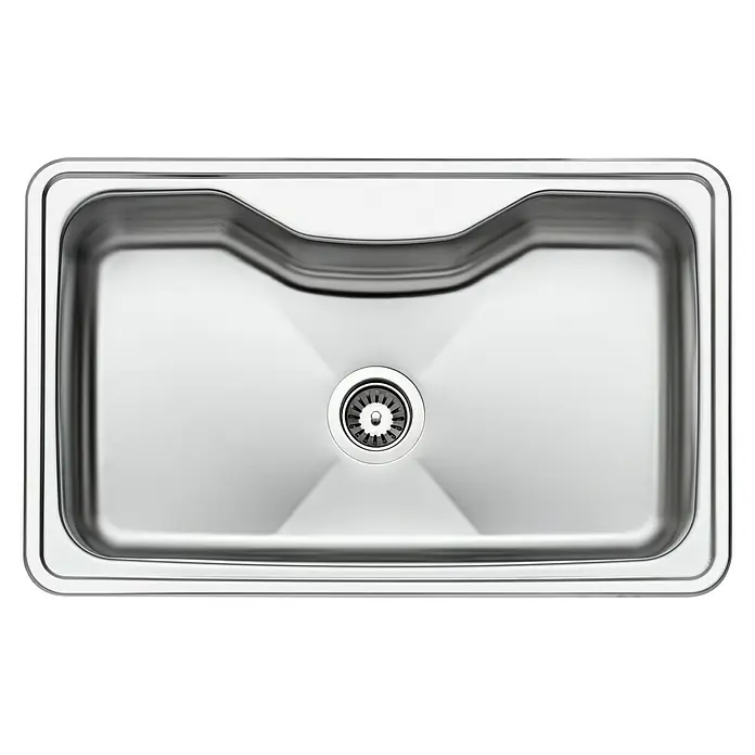 Smeg Fregadero encastrable LYG800 - 49,8 x 79,8 cm, Acero inoxidable - Primer plano de un fregadero de cocina rectangular moderno de acero inoxidable con desagüe central.
