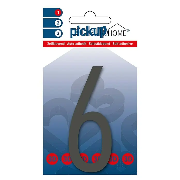 Pickup 3D Home Hausnummer Oslo - Höhe: 9 cm, Motiv: 6, Grau, Kunststoff, Selbstklebend - Bild einer "Pickup Home" Hausnummer 6. Die Hausnummer ist selbstklebend und in 3D-Optik gehalten. Perfekt für die Haustür!