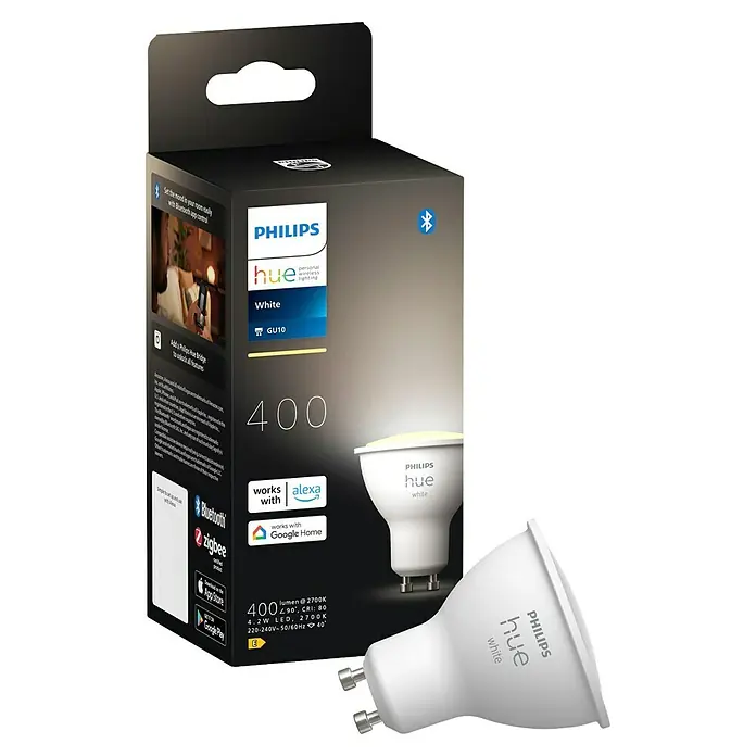 Philips Hue Smart-LED-Lampe White - GU10, Dimmbar, Warmweiß, 400 lm, 4,2 W, 1 Stk. - Philips Hue White GU10 LED-Lampe mit 400 Lumen, ideal für eine intelligente Beleuchtung.
