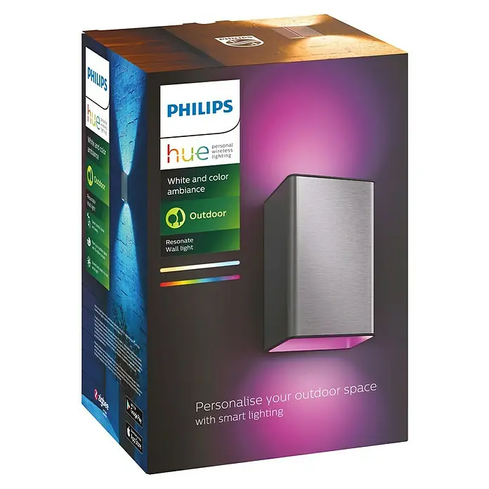 Philips Hue LED-Außenwandleuchte White & Color Ambiance Resonate Up & Down - 16 W, 9,3 x 12 x 18 cm, Silber, IP44 - Eine Philips Hue "Resonate" Outdoor-Wandleuchte in einer Produktverpackung. Intelligente Beleuchtung für Ihren Außenbereich.