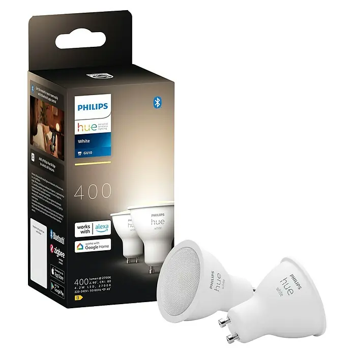 Philips Hue Smart-LED-Lampe White - GU10, Dimmbar, Warmweiß, 400 lm, 4,2 W, 2 Stk. - Abbildung eines Philips Hue White GU10 LED-Leuchtmittel-Starterpakets, das intelligente Beleuchtung für Ihr Zuhause bietet.