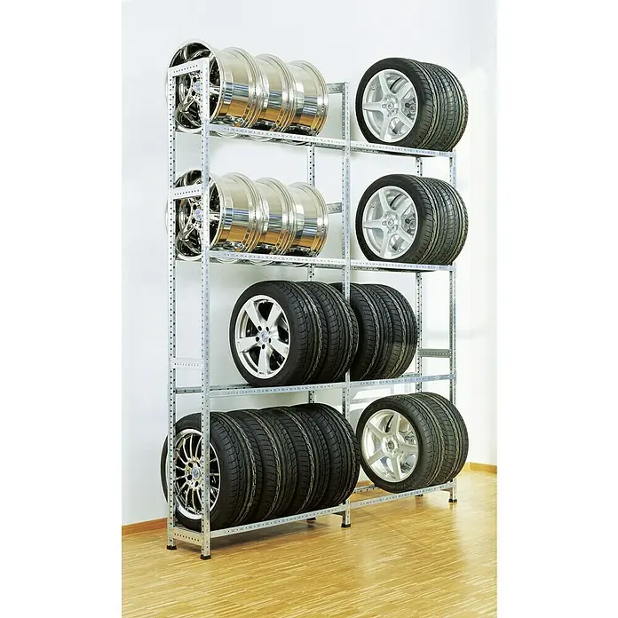 Scholz Reifenregal Grundelement - H x B x T: 300 x 129 x 32 cm, Traglast pro Träger: 200 kg, Anzahl Träger: 4 Stk., Stecken, Silber - Reifenregal mit mehreren Reifen und Felgen, ordentlich und platzsparend gelagert. Optimale Aufbewahrung in der Garage oder Werkstatt.