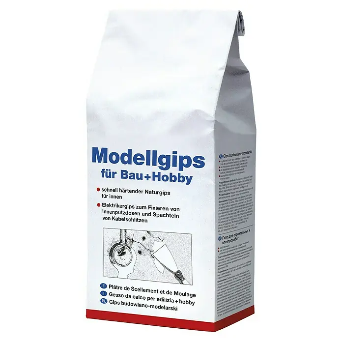 Modellgips - 5 kg, Schnellhärtend - Bild einer Packung Modellgips für Bau und Hobby, schnell härtender Naturgips zum Fixieren im Innenbereich.
