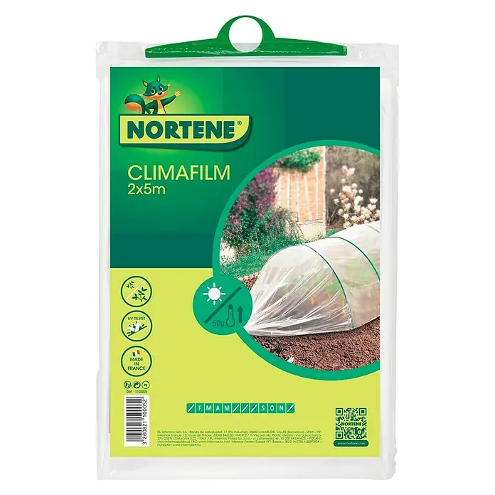 Nortene Film transparente Climafilm - Transparente, L x Al: 2 x 5 m - Primer plano de un paquete de Nortene ClimaFilm, una lámina de jardín de 2x5m, destacando su resistencia UV y el fomento del crecimiento vegetal.
