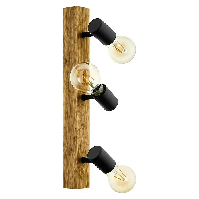 Eglo Townshend 3 Deckenstrahler - 180 W, L x B x H: 5 x 5 x 48 cm, Schwarz, Braun, E27 - Wandleuchte mit drei Edison-Glühbirnen auf Holzsockel. Das schlichte Design der Lampe passt zu vielen Einrichtungsstilen.