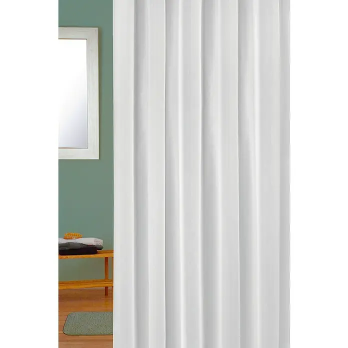 Venus Cortina de baño - An x Al: 180 x 200 cm, Plástico, Blanco - Una foto vertical de una cortina de ducha blanca frente a un baño con espejo, estanterías y toallas.