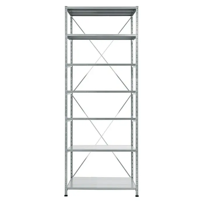Scholz Metallregal Grundelement - Höhe: 300 cm, B x T: 85 x 70 cm, Traglast pro Boden: 330 kg, Anzahl Böden: 7 Stk., Stecken, Silber - Abbildung eines grauen Metallregals mit sechs Regalböden und einer stabilen Konstruktion, ideal für Lagerung und Organisation.
