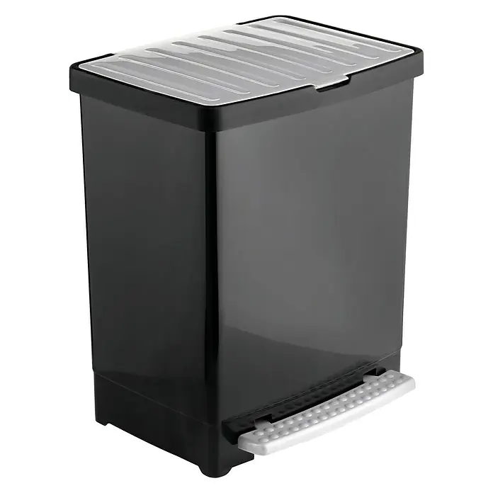 Tatay Papelera estándar Reciclaje - 25 l, Negro, Rectangular, Plástico - Un cubo de basura negro con tapa y pedal plateados, ideal para la cocina o el baño. Práctico y elegante para la eliminación de residuos.